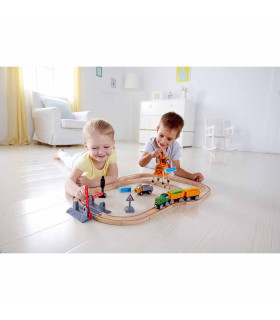 Set de Pista de Vías y Cruce con Tren y Grúa de Juguete Hape