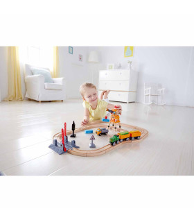 Set de Pista de Vías y Cruce con Tren y Grúa de Juguete Hape