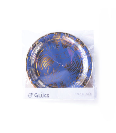 Plato de Cartón Azul con Stamping Dorado Hojas x 8