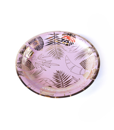 Plato de Cartón Rosa con Stamping Dorado Hojas x 8
