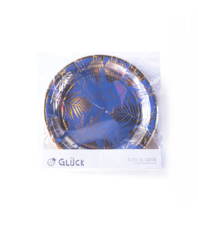 Plato de Cartón Azul con Stamping Dorado Hojas x 8