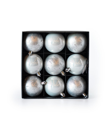 Set de 9 Bolas Perladas y Mate con Glitter de 6 cm Plateadas Alparamis