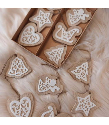 Caja de 12 Adornos de Madera para el Árbol de Navidad 6 cm