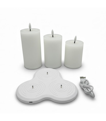 Set de 3 Velas Pilar LED Blancas con Base de Recarga USB Alparamis