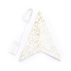 Una estrella luminosa blanca de papel con estampado de glitter dorado