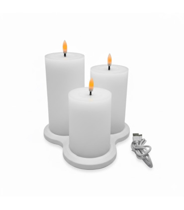 Set de 3 Velas Pilar LED Blancas con Base de Recarga USB Alparamis