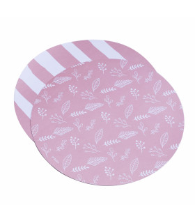 12 Paquetes de 10 Platos de Sitio Rayas y Hojas Rosas
