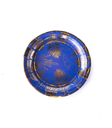 Plato de Cartón Azul con Stamping Dorado Hojas x 8