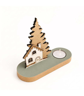 Portavela de Madera con Escena Navideña 13 cm