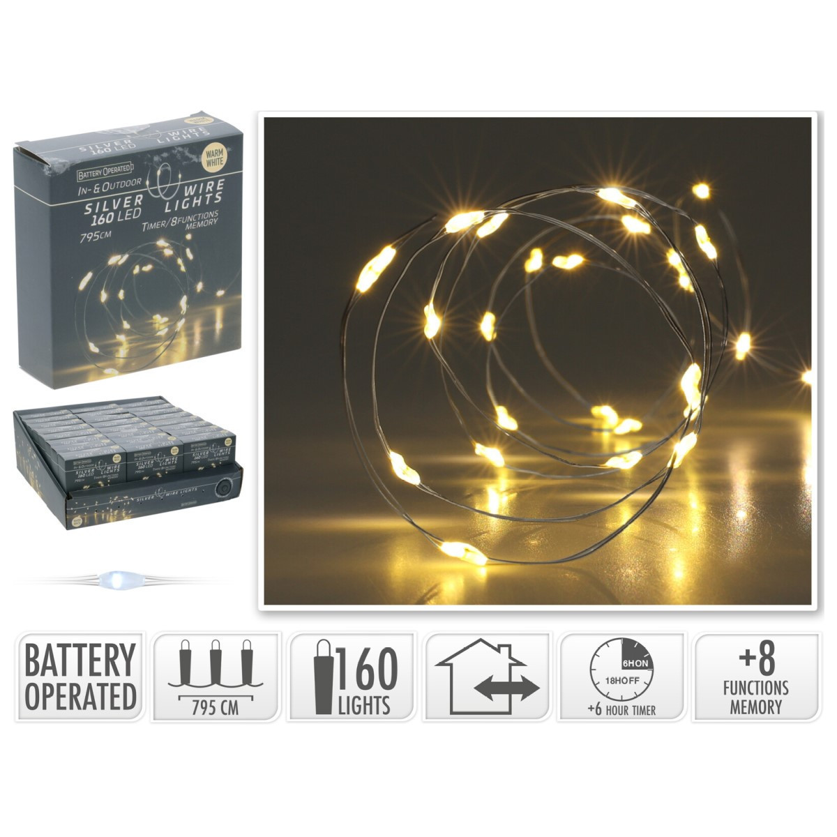 160 Mini Luces LED Blancas Cálidas en Alambre Plateado Alparamis