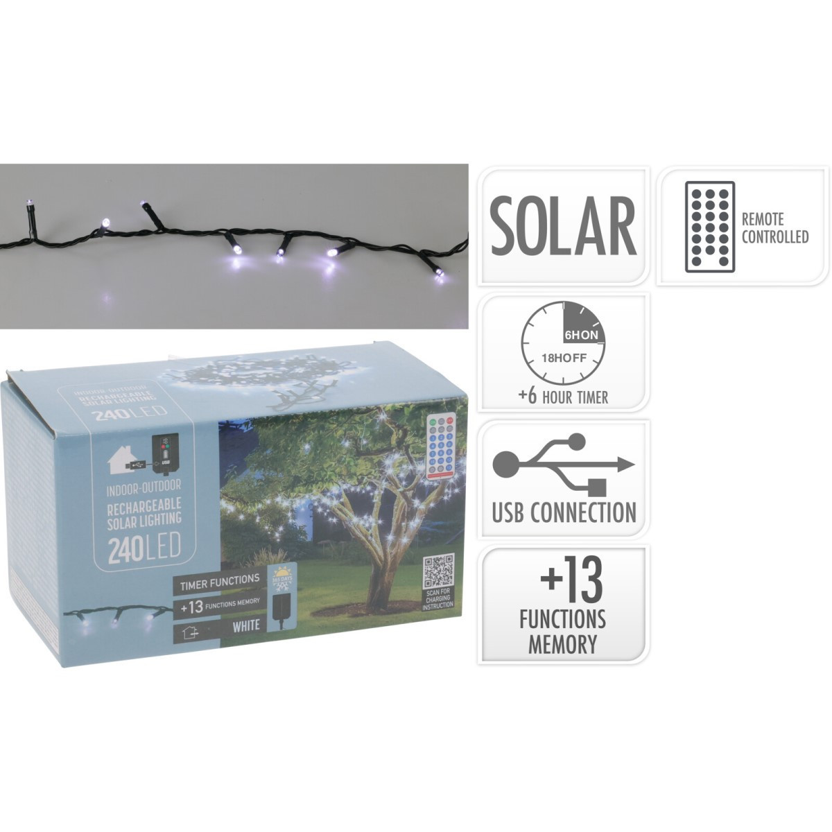 Guirnalda de 240 Luces LED Solar y USB Blanco Frío Alparamis