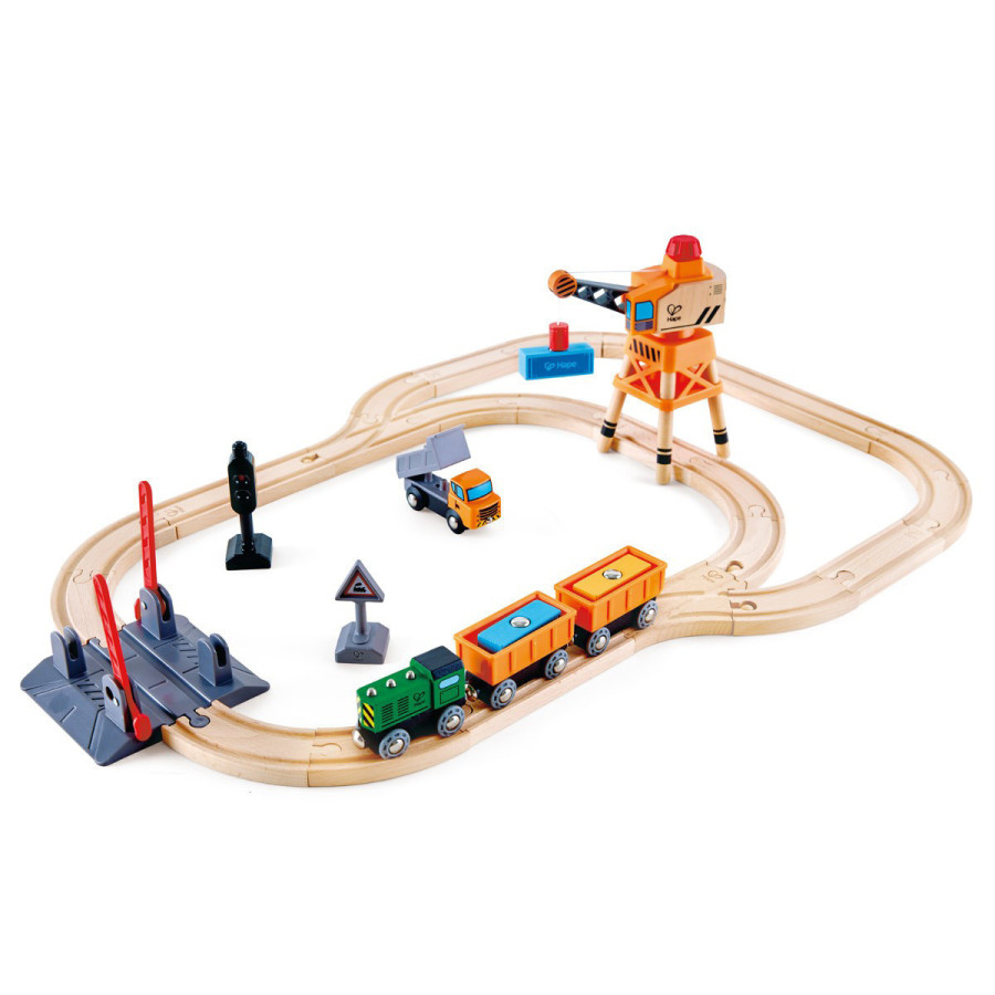 Set de Pista de Vías y Cruce con Tren y Grúa de Juguete Hape