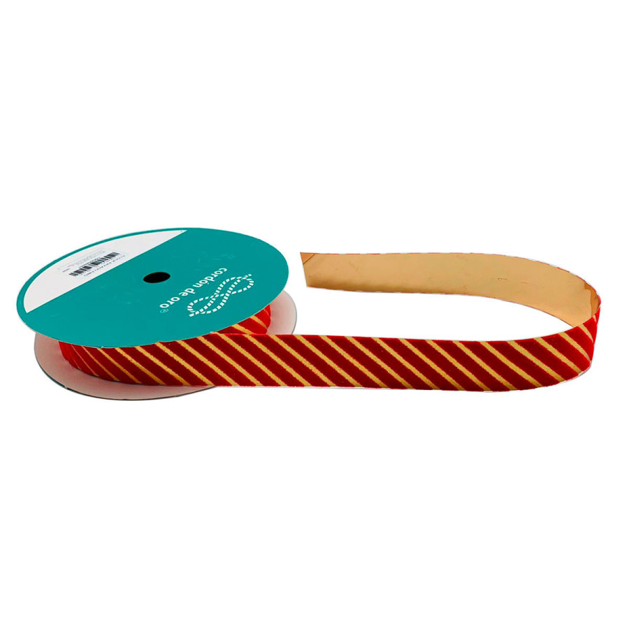 Cinta Flock Rayas Finas Rojas y Doradas 2.5 cm x 10 metros