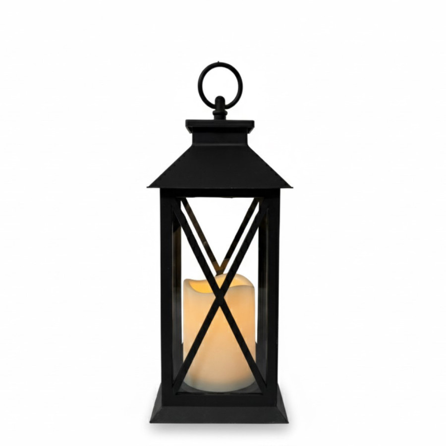Farol Negro 30 cm con Vela Pilar LED Alparamis