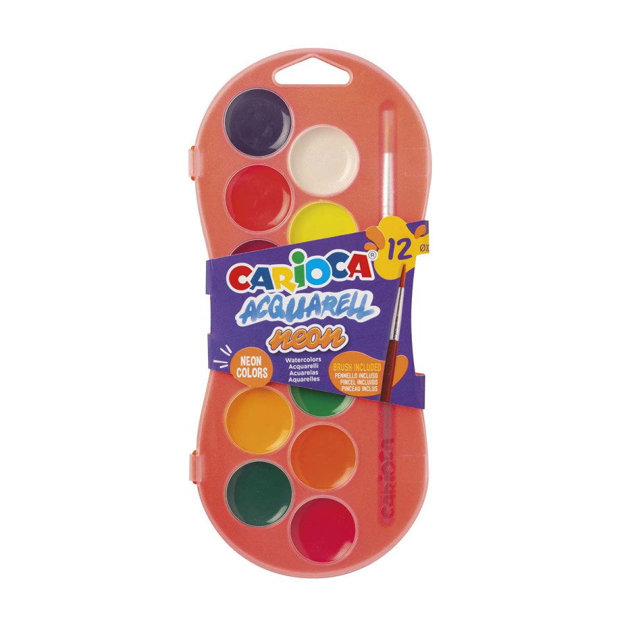 Estuche Plástico de 12 Acuarelas Neón y Pincel Carioca
