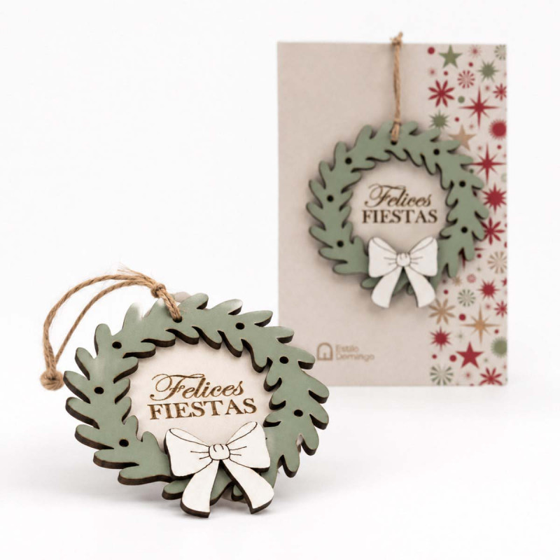 Mini Corona de Navidad de Madera Felices Fiestas 9 cm