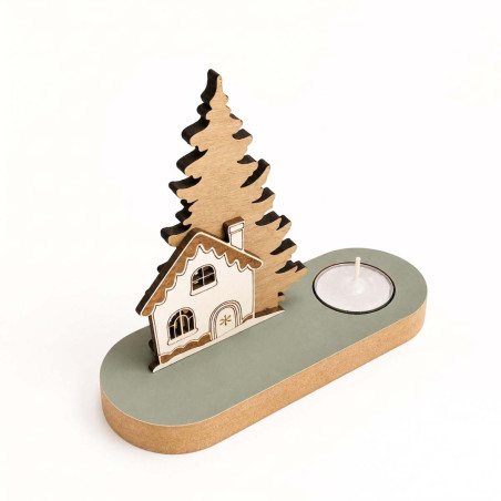 Portavela de Madera con Escena Navideña 13 cm