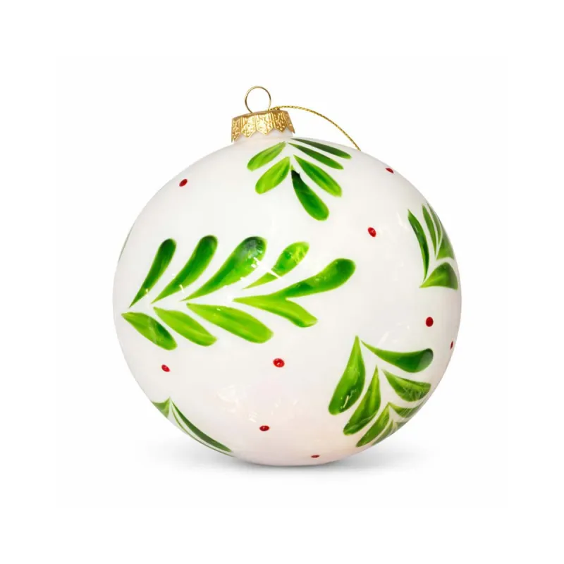 Bola Vidrio 8 cm Blanca Hojas Verdes Alparamis