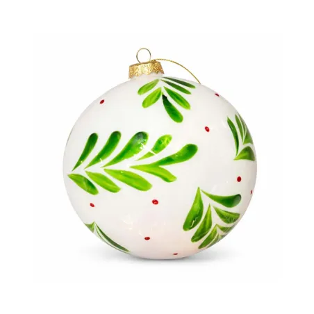 Bola Vidrio 8 cm Blanca Hojas Verdes Alparamis