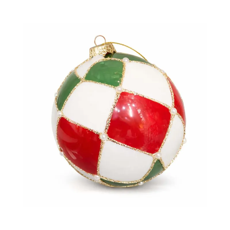 Bola Vidrio 8 cm Blanca Rombos  Rojos y Verdes Alparamis