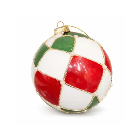 Bola Vidrio 8 cm Blanca Rombos  Rojos y Verdes Alparamis